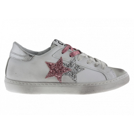 2star Donna Sneakers Bassa in Pelle Bianca-Ghiaccio con Dettagli Glitter Rosa Argento
