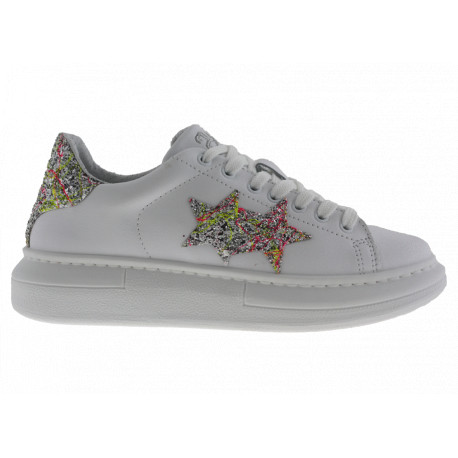 2star Donna Sneakers Princ Pelle Bianca con Dettagli Glitter Multicolor