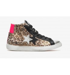 2Star Sneaker High in pelle scamosciata Leopard con dettagli Nero/Argento/Fucsia Fluo