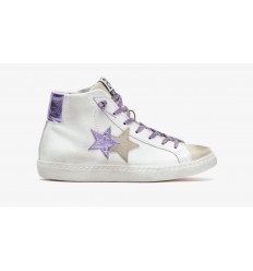 2Star Sneaker High in pelle Bianca con dettagli Viola e Cocco