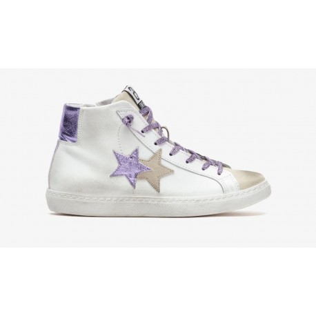 2Star Sneaker High in pelle Bianca con dettagli Viole e Cocco
