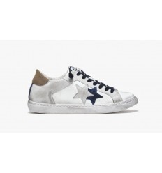 2Star Sneaker Low 100 Pelle Bianca dettagli in Crosta Ghiaccio/Blu/Marrone effetto "Used"
