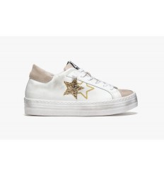 2Star Sneaker Platform 4cm HS Pelle Bianca dettagli in Crosta Glitterata Beige e Glitter Oro effetto "Used"